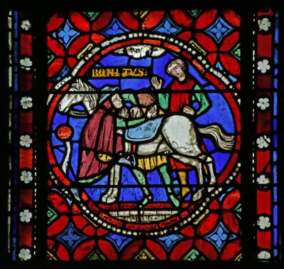 Vidriera que representa una escena de la vida de San Bonnet: el santo recogiendo y montando su caballo para una peregrinación a Roma de French School